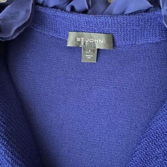 St.John 2-piece Suite Sapphire Blue Wool Blend Knit Duster,Silk Ruffle and Pants - Picture 7 of 16